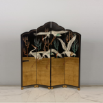 Gold crane lacquer folding screen room divider with four-panel oriental bird art