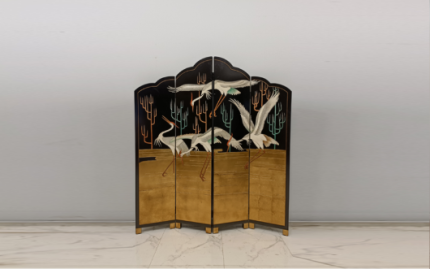 Gold crane lacquer folding screen room divider with four-panel oriental bird art