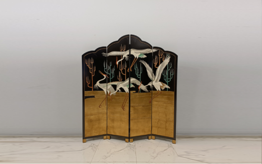 Gold Crane Lacquer Folding Screen Room Divider - Four-Panel Oriental Bird Screen Gold crane lacquer folding screen room divider with four-panel oriental bird art