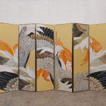 Gold crane wing folding screen room divider with six-panel oriental bird art