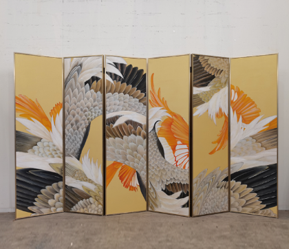 Gold Crane Wing Folding Screen Room Divider - Six-Panel Oriental Bird Art Screen Gold crane wing folding screen room divider with six-panel oriental bird art