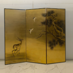 Gold deer and pine folding screen room divider with three-panel oriental nature art