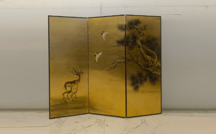 Gold deer and pine folding screen room divider with three-panel oriental nature art