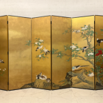 Gold floral bird folding screen room divider with six-panel oriental botanical art