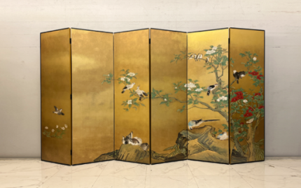 Gold floral bird folding screen room divider with six-panel oriental botanical art