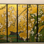 Gold floral folding screen room divider with five-panel oriental botanical design