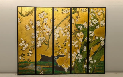 Gold floral folding screen room divider with five-panel oriental botanical design