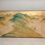 Gold green mountain folding screen wall art with six-panel misty landscape design