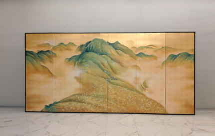 Gold green mountain folding screen wall art with six-panel misty landscape design