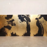 Gold ink abstract folding screen room divider with three-panel brush art