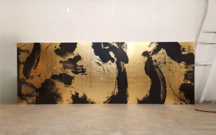 Gold ink abstract folding screen room divider with three-panel brush art
