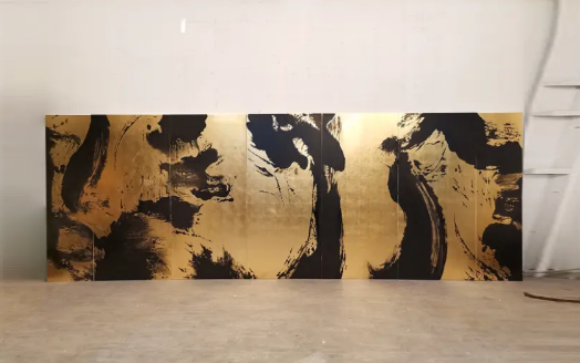 Gold Ink Abstract Folding Screen Room Divider - Three-Panel Brush Art Screen Gold ink abstract folding screen room divider with three-panel brush art