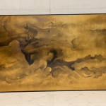 Gold ink cloud wall art screen with three-panel abstract Asian design