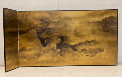 Gold ink cloud wall art screen with three-panel abstract Asian design