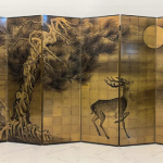Gold ink landscape folding screen room divider with four-panel oriental art