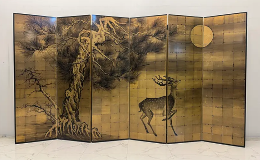 Gold Ink Landscape Folding Screen Room Divider - Four-Panel Oriental Art Screen Gold ink landscape folding screen room divider with four-panel oriental art