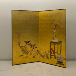 Gold lantern and floral folding screen room divider with two-panel Asian art