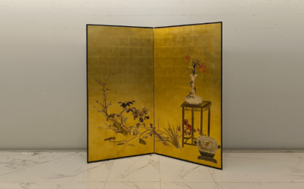 Gold lantern and floral folding screen room divider with two-panel Asian art