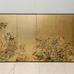 Gold meadow floral wall art screen with six-panel oriental botanical divider design