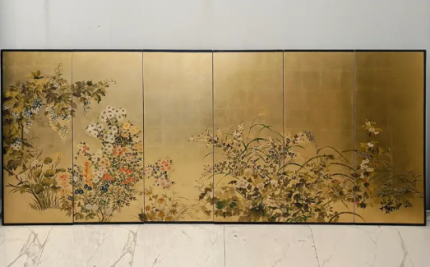 Gold meadow floral wall art screen with six-panel oriental botanical divider design