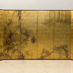Gold minimal landscape folding screen room divider with five-panel Asian art