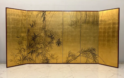 Gold minimal landscape folding screen room divider with five-panel Asian art