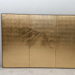 Gold misty mountain folding screen room divider with three-panel Asian landscape art