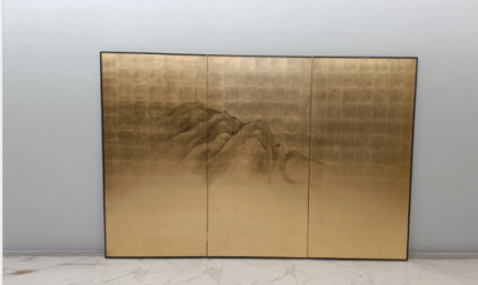 Gold misty mountain folding screen room divider with three-panel Asian landscape art