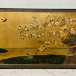 Gold moonlit bird landscape wall art screen with four-panel Asian scenic design