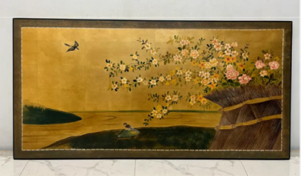 Gold moonlit bird landscape wall art screen with four-panel Asian scenic design