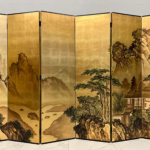 Gold mountain landscape folding screen room divider with five-panel Asian art