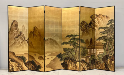 Gold mountain landscape folding screen room divider with five-panel Asian art