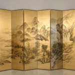 Gold mountain landscape folding screen room divider with six-panel Asian ink art