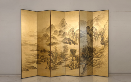 Gold mountain landscape folding screen room divider with six-panel Asian ink art