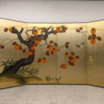 Gold persimmon tree folding screen room divider with four-panel oriental botanical art