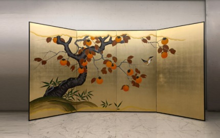 Gold persimmon tree folding screen room divider with four-panel oriental botanical art