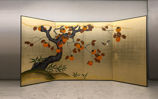 Gold Persimmon Tree Folding Screen Room Divider - Four-Panel Oriental Botanical Screen Gold persimmon tree folding screen room divider with four-panel oriental botanical art