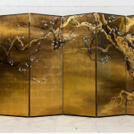 Gold pine branch folding screen room divider with five-panel landscape art