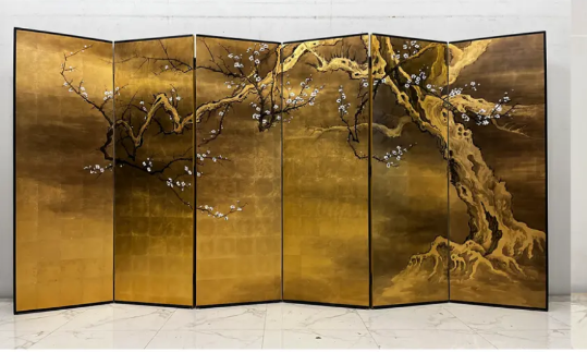 Gold Pine Branch Folding Screen Room Divider - Five-Panel Landscape Screen Gold pine branch folding screen room divider with five-panel landscape art