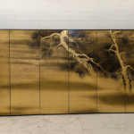 Gold pine branch folding screen room divider with six-panel Asian landscape art
