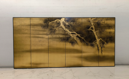 Gold pine branch folding screen room divider with six-panel Asian landscape art