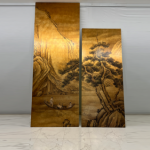 Gold pine mountain folding screen room divider with two-panel Asian landscape art