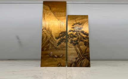 Gold pine mountain folding screen room divider with two-panel Asian landscape art