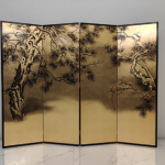 Gold plum blossom folding screen room divider with four-panel oriental floral art