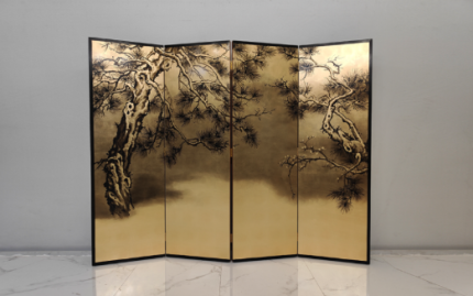 Gold plum blossom folding screen room divider with four-panel oriental floral art