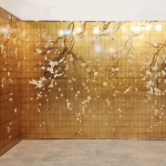 Gold plum blossom folding screen room divider with six-panel grid floral design