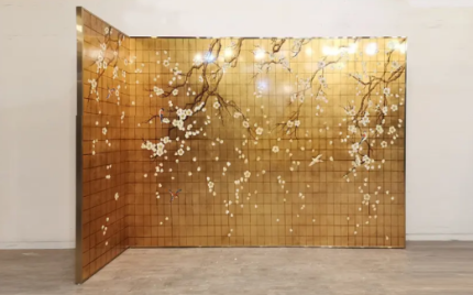 Gold plum blossom folding screen room divider with six-panel grid floral design