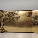 Gold plum blossom landscape folding screen room divider with six-panel oriental floral art