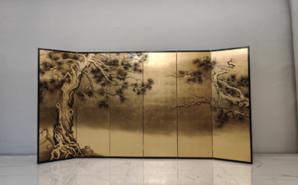 Gold plum blossom landscape folding screen room divider with six-panel oriental floral art