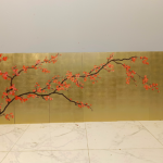 Gold red branch wall art screen with three-panel oriental floral decor